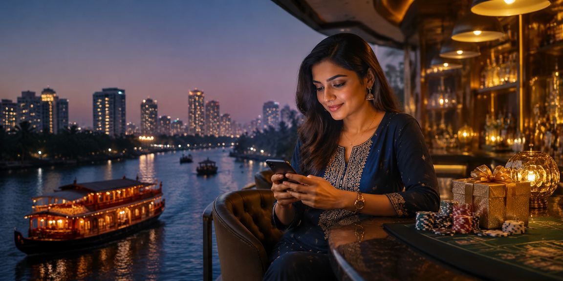 Woman playing Rummy on mobile device in Kerala backwaters setting
